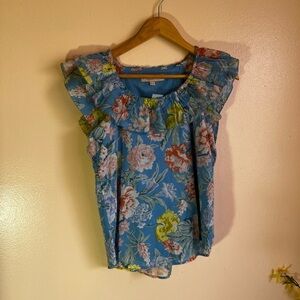 Ann Taylor Loft SHIRRED SHOULDERS Ruffle Sleeveless M Shirt Sky Blue floral XS